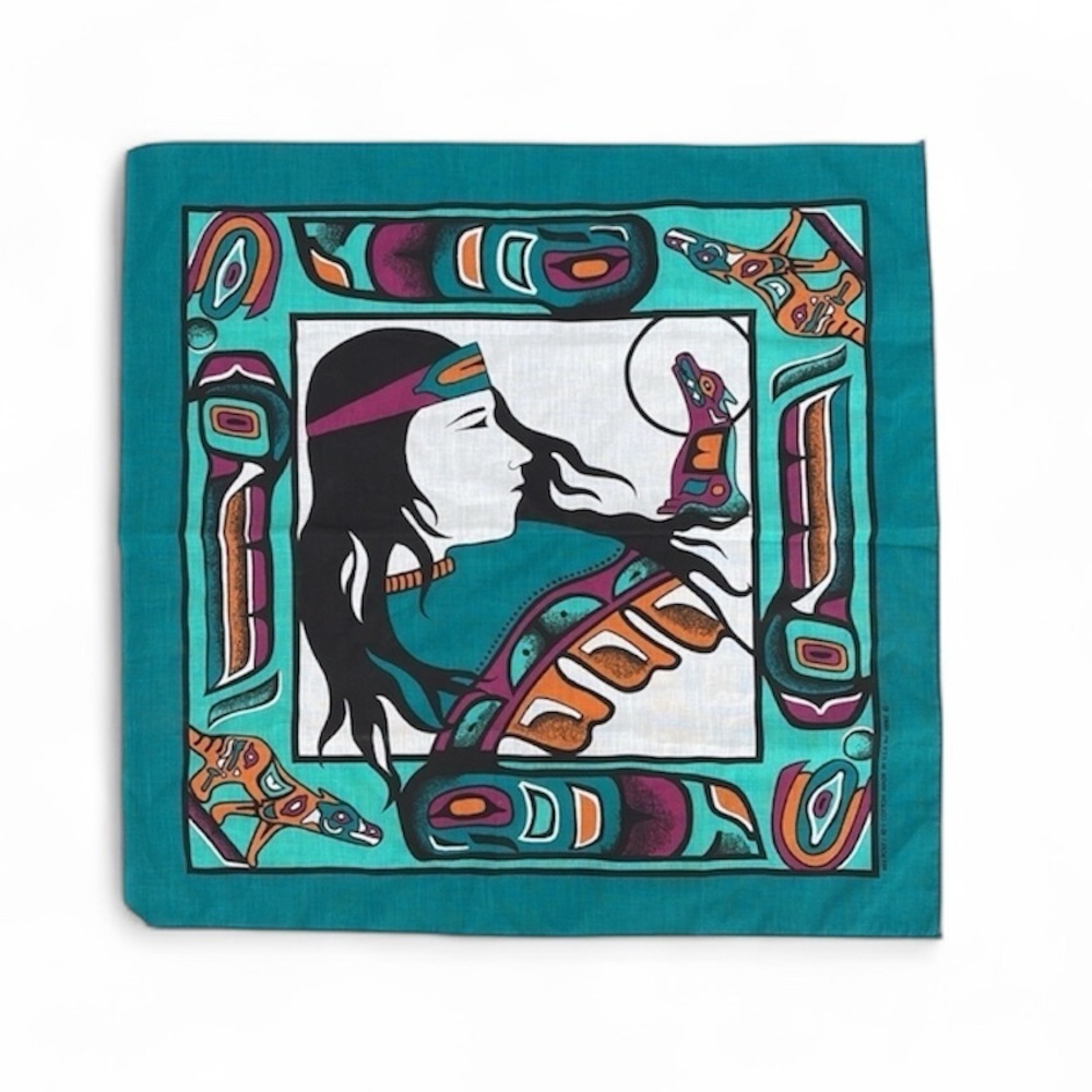 Vintage Native American Art Bandana, Turquoise
